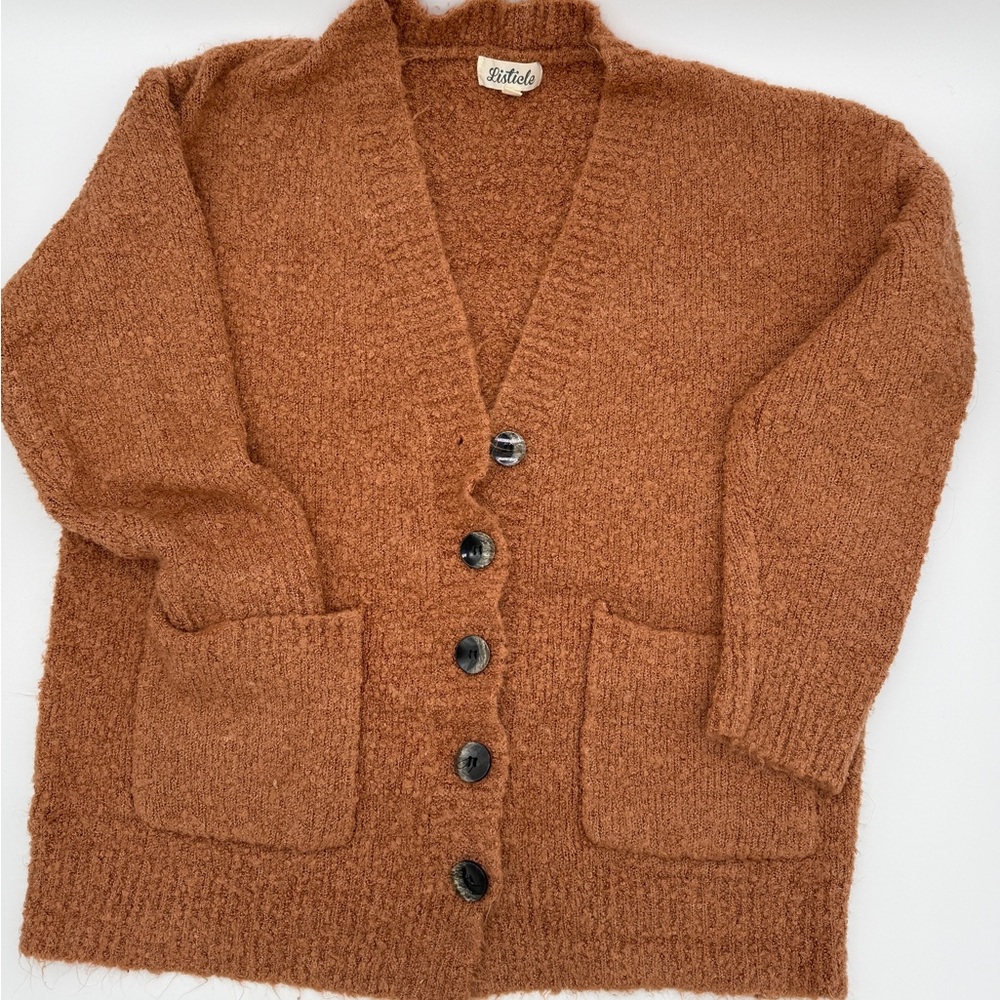 Burnt Orange Cardigan Sweater Size Medium Women’s Bohemian Retro Shaggy Plush